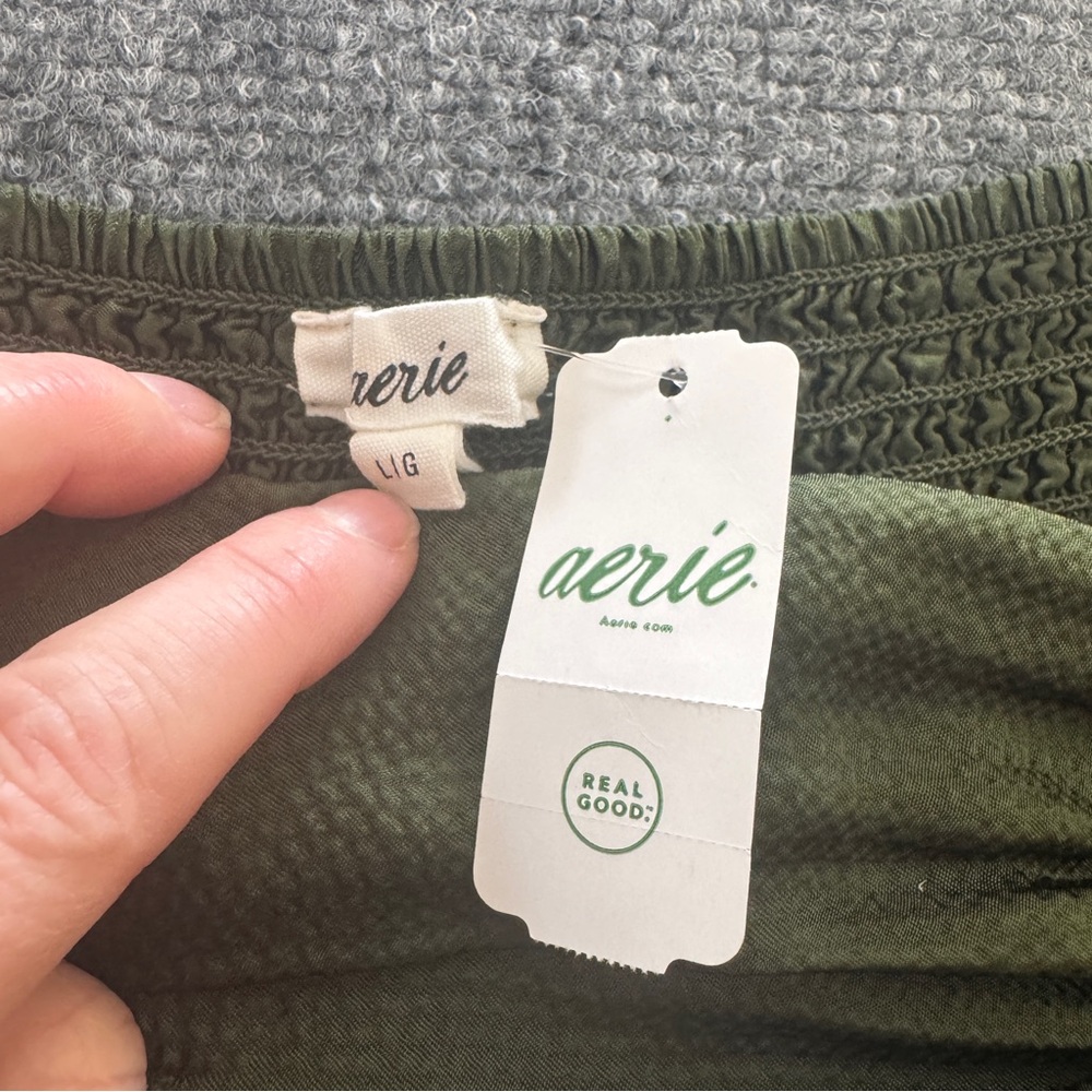 Aerie Smocked Ruched Mini Skirt NWT Green Tie Waist Flowy L - Picture 5 of 12